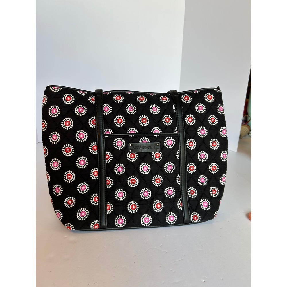 Vera Bradley Parisian Pom Pom Tote‎ Bag Quilted Black Pink White Shoulder Purse